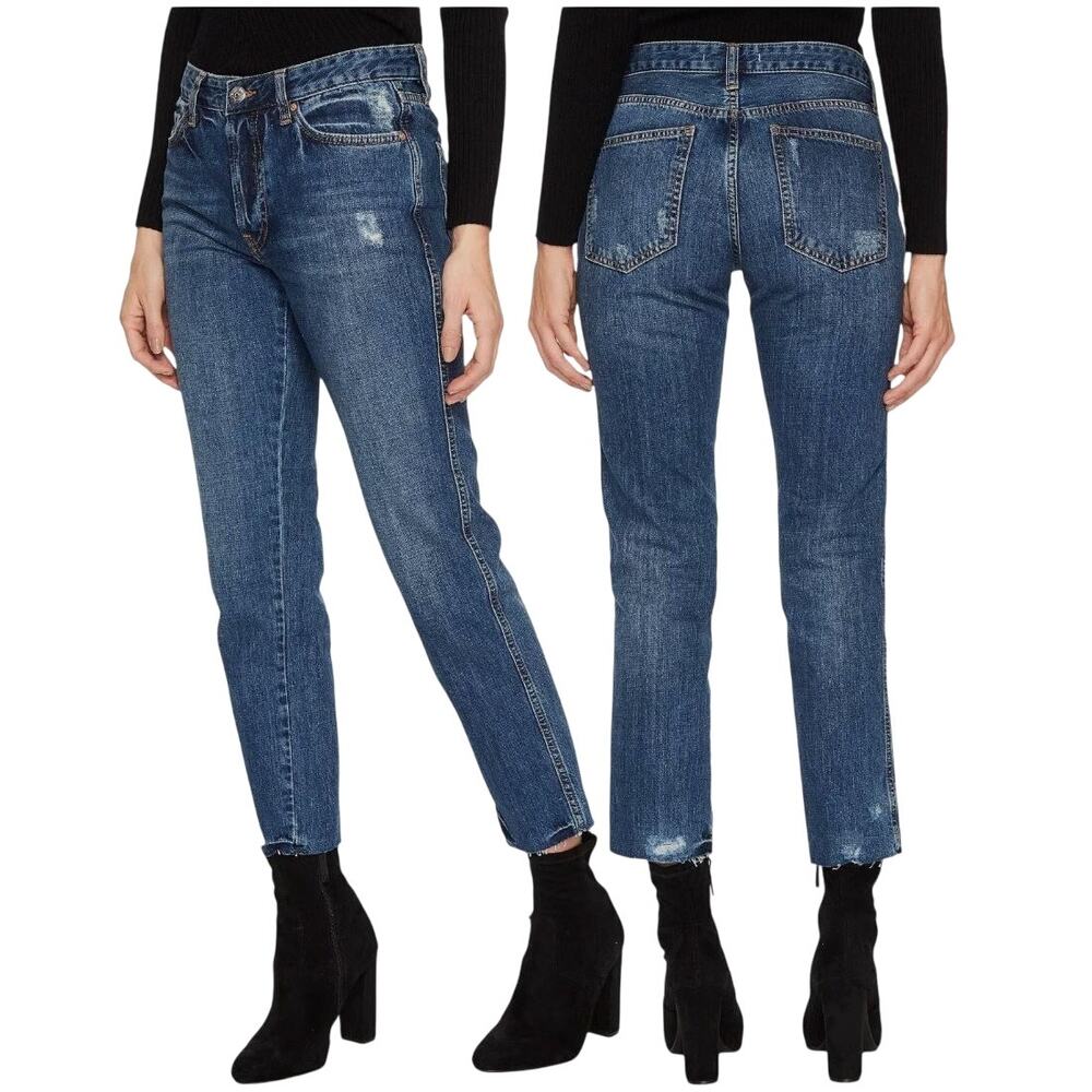 We the Free Blue Slim Boyfriend Distressed Raw-Hem Stretch Skinny Jeans Denim